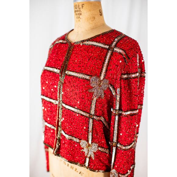 VTG 90s Laurence Kazar Beaded Christmas Blazer Red Silver Holiday Bow Jacket PXL - Picture 10 of 11